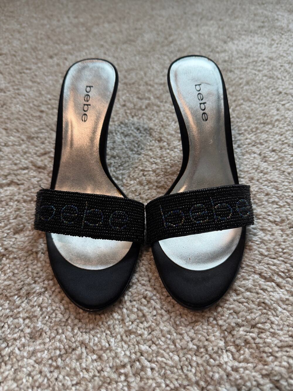 Bebe Black Rhinestone Logo Slide Heels Women's Size 7 Y2K Glam Club Going Out
